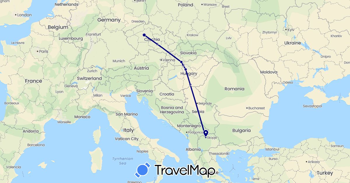 TravelMap itinerary: driving in Czech Republic, Hungary, Macedonia, Slovakia (Europe)